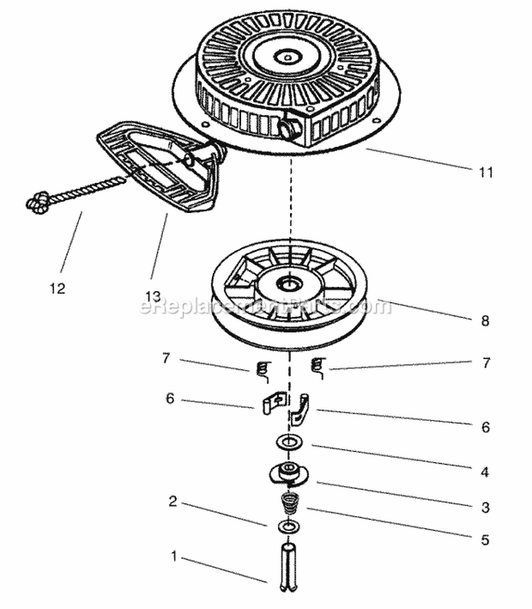 Recoil Starter Assembly Diagram and Parts List for 28232 220000001-220999999 - 2002 Lawn Boy Snow Blower